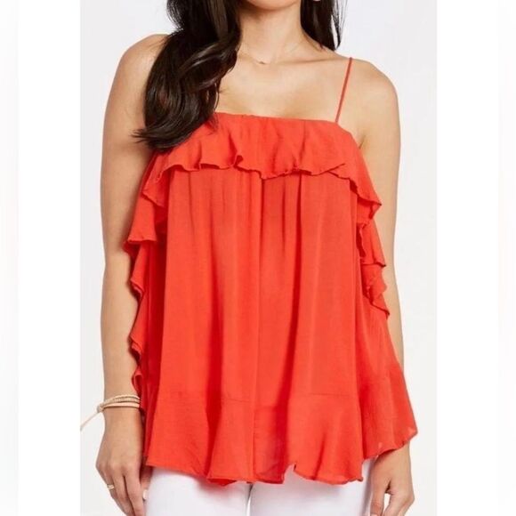 Free People Cascades Ruffle Cami in Coral Red Orange Flowy Size Small - Picture 2 of 11